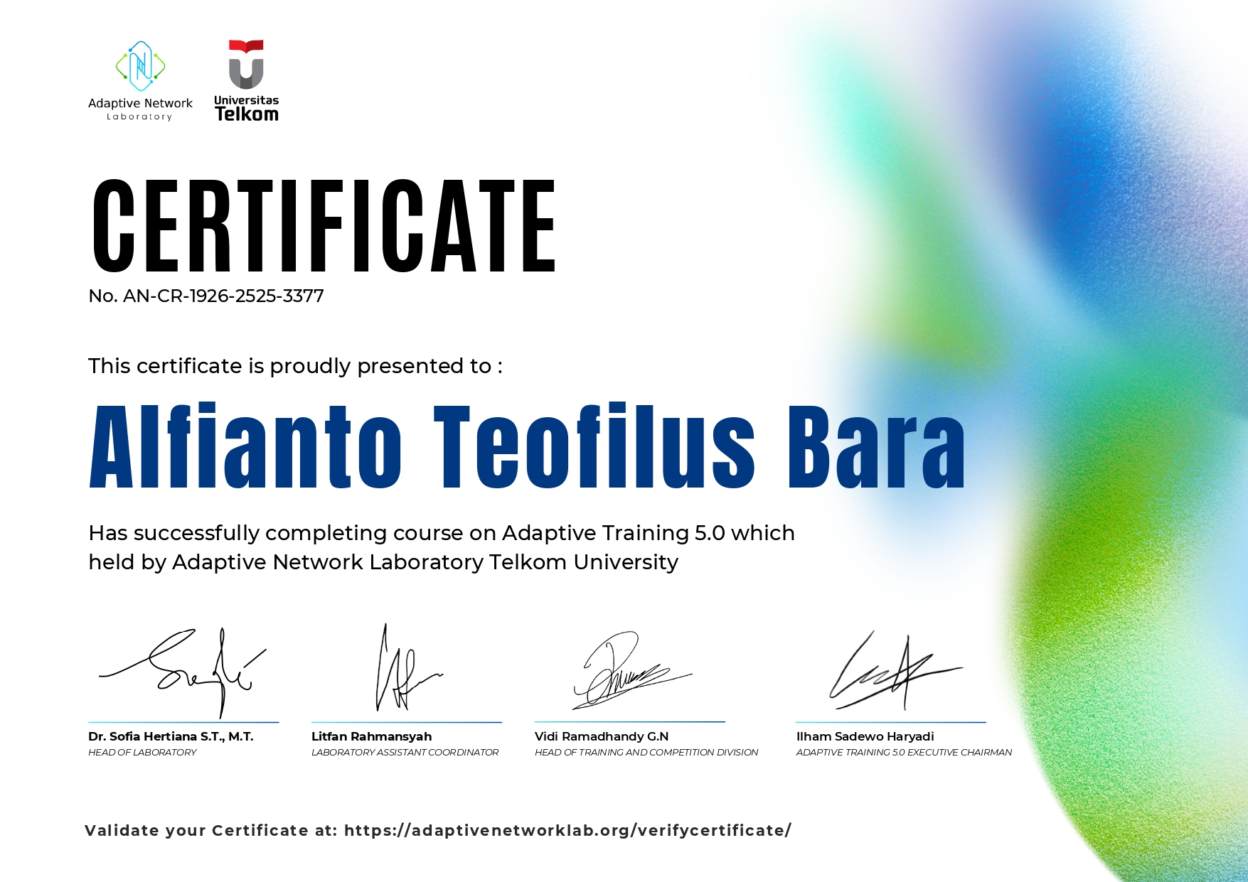 Sertifikat Adaptive Training 5.0 dari Adaptive Network Laboratory Telkom University